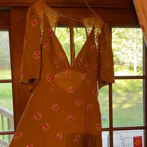 Camel colored, low back, floral dress